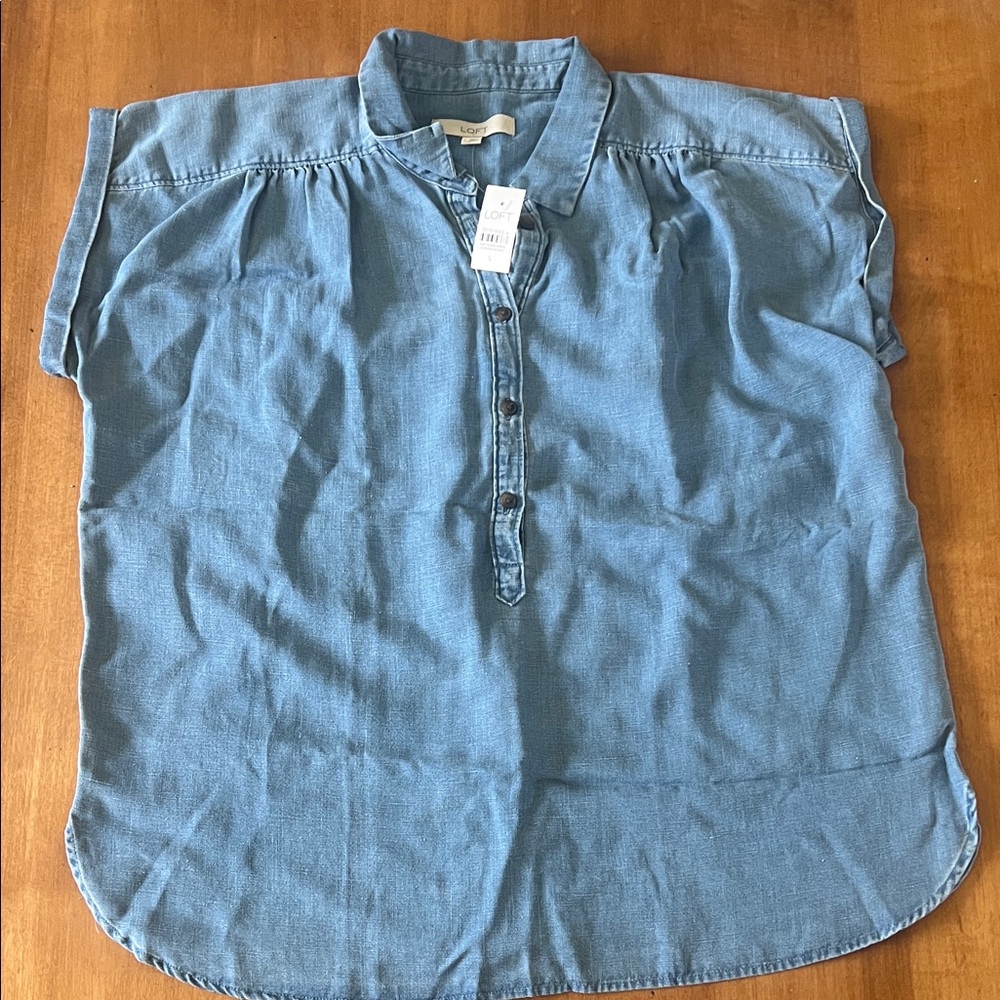 LOFT Blue Denim Short-Sleeve Pullover Blouse
